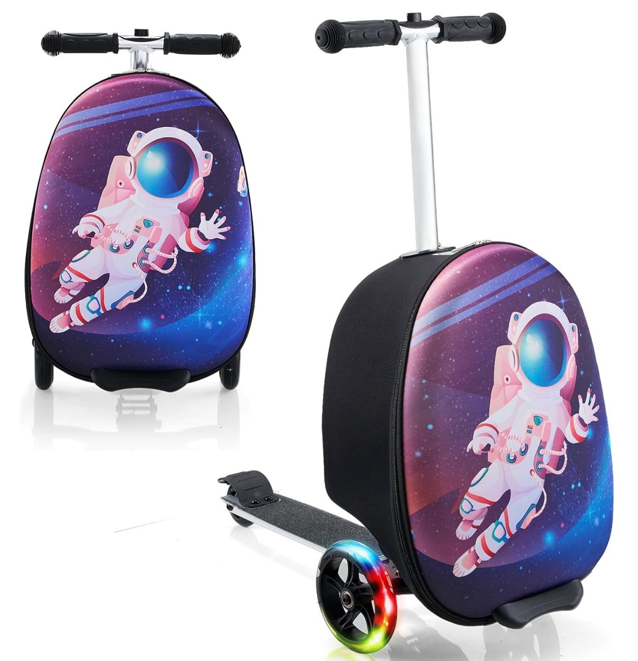 Yacul Kids Suitcase Scooter, 2-in-1 Foldable Luggage with LED Light Wheels, Lightweight Carry-On travel suitcase for Boys and Girls(Blue)