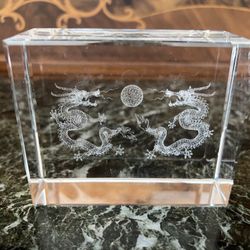 Glass Laser Etched Double Dragon Paperweight