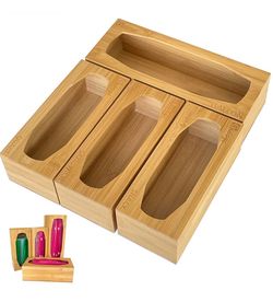 GUIOGC 4pcs Bamboo Food Storage Bag Organizer Holder Dispenser Ziplock