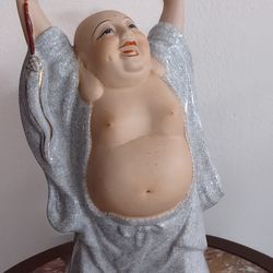 13"Vintage Crackle Glaze Happy Buddha Statue – Porcelain Laughing Buddha with Raised Arms–Good Luck.