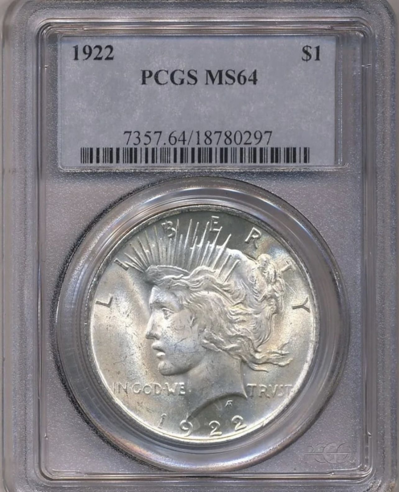 PCGS 1922/64/silver peace dollar with natural tone on each side