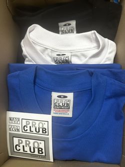 Never used or worn-3 Pro Club Heavy Weight Shirts Colors Are- White, Black, Royal Blue Never Worn Size Medium + Stickers Very nice material and very s