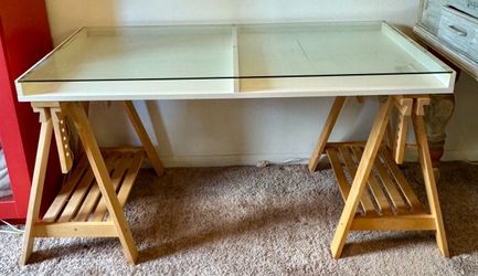 Large White Desk with Glass Top - Spring 77373