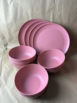 Pink Melamine Dinnerware Set - 4 Plates and 8 Bowls