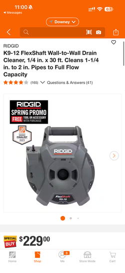 RIDGID K9-12 FlexShaft Wall-to-Wall Drain Cleaner, 1/4 in. x 30 ft. Cleans 1-1/4 in. to 2 in. Pipes to Full Flow Capacity