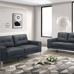 🏝 Black Leather Sofa Set 2 Pc, New In The Box.