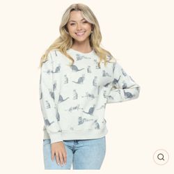 NWT SM Wardrobe MEDIUM Women Tabby Print Kitty Crazy Cat Lady Sweatshirt Gray