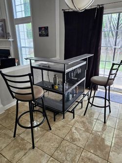 Modern Home Bar w/ 2 Bar Stools, Wine Rack & LED Lighting