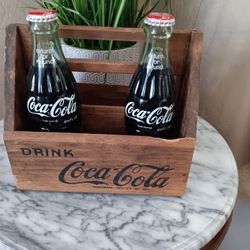 $70 Vintage Coca-Cola Wooden Drink Caddy. Crisp Black Logo. Two Unopened Classic Original Formula