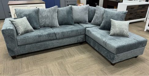 Blue-Gray Fabric Sectional Sofa with Chaise