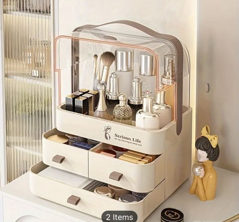 Serious Life Makeup Organizer Storage Box - Plastic Cosmetic Case, Freestanding with Drawers, Portable Design, No Electricity Required, for Vanity Des