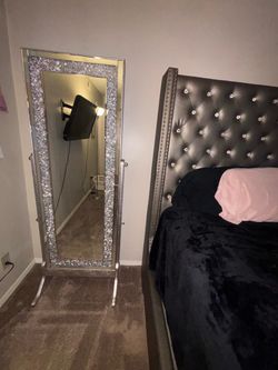 Silver Crushed Diamond Cheval Mirror with Faux Crocodile Frame