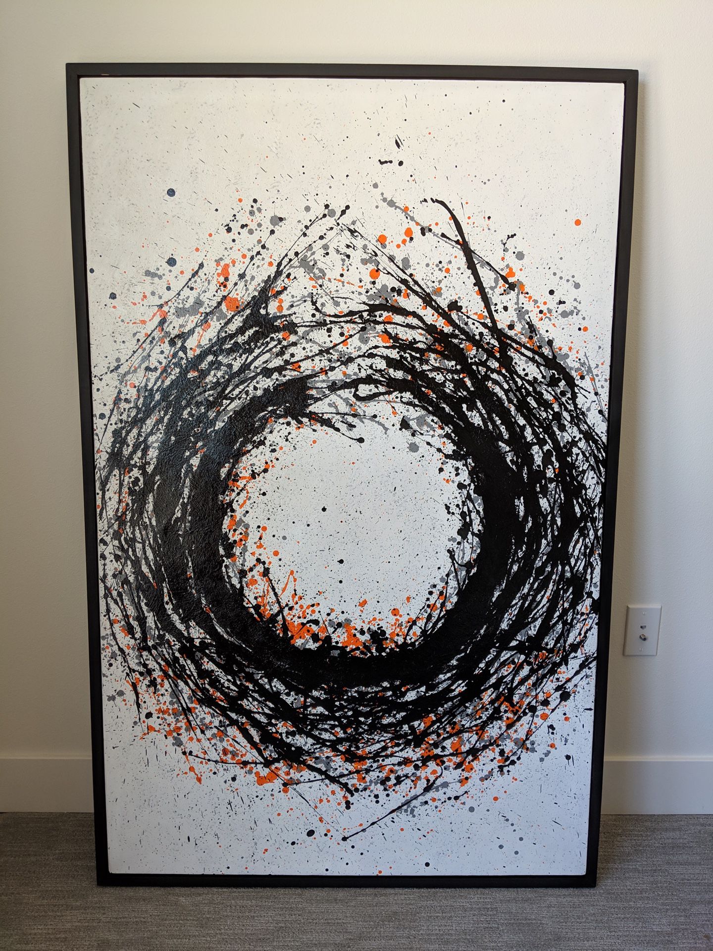 60”x38” Modern Acrylic Abstract Black+Orange Wall Art with Custom Black Floater Frame