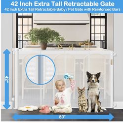 42" Extra Tall Retractable Baby & Pet Gate , 80" Wide, Reinforced Mesh, Like New