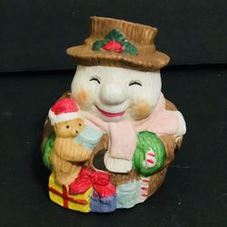 Vintage Ceramic Snowman With Teddy Bear Tea Light Candle Holder