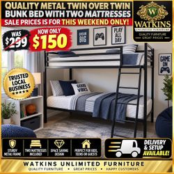 šļø Twin Over Twin Metal Bunk Bed + 2 Mattresses ā Excellent Condition!