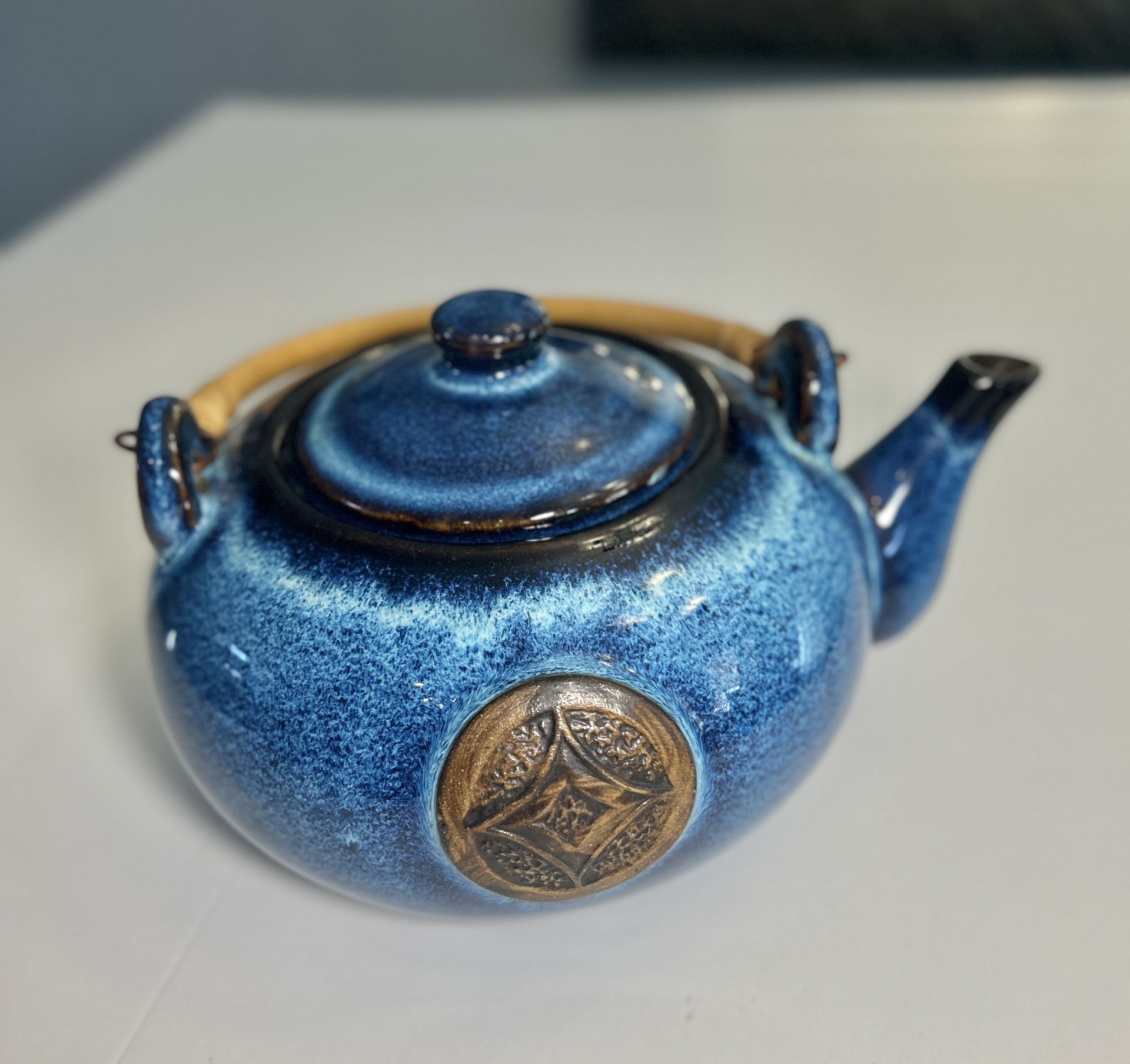 1980S Royal Blue With Brown Accents And Medallion Glazed Kettle