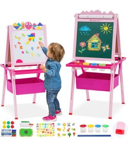 Kids Art Easel,Double-Sided Wooden Easel for Kids with Paper Roll,Height Adjustable Standing Easel with Puzzle Tangram Toys,Storage Box and Other Acce