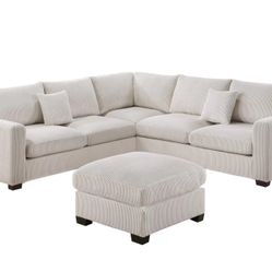 BRAND NEW CREAM CORDUROY SECTIONAL WITH OTTOMAN