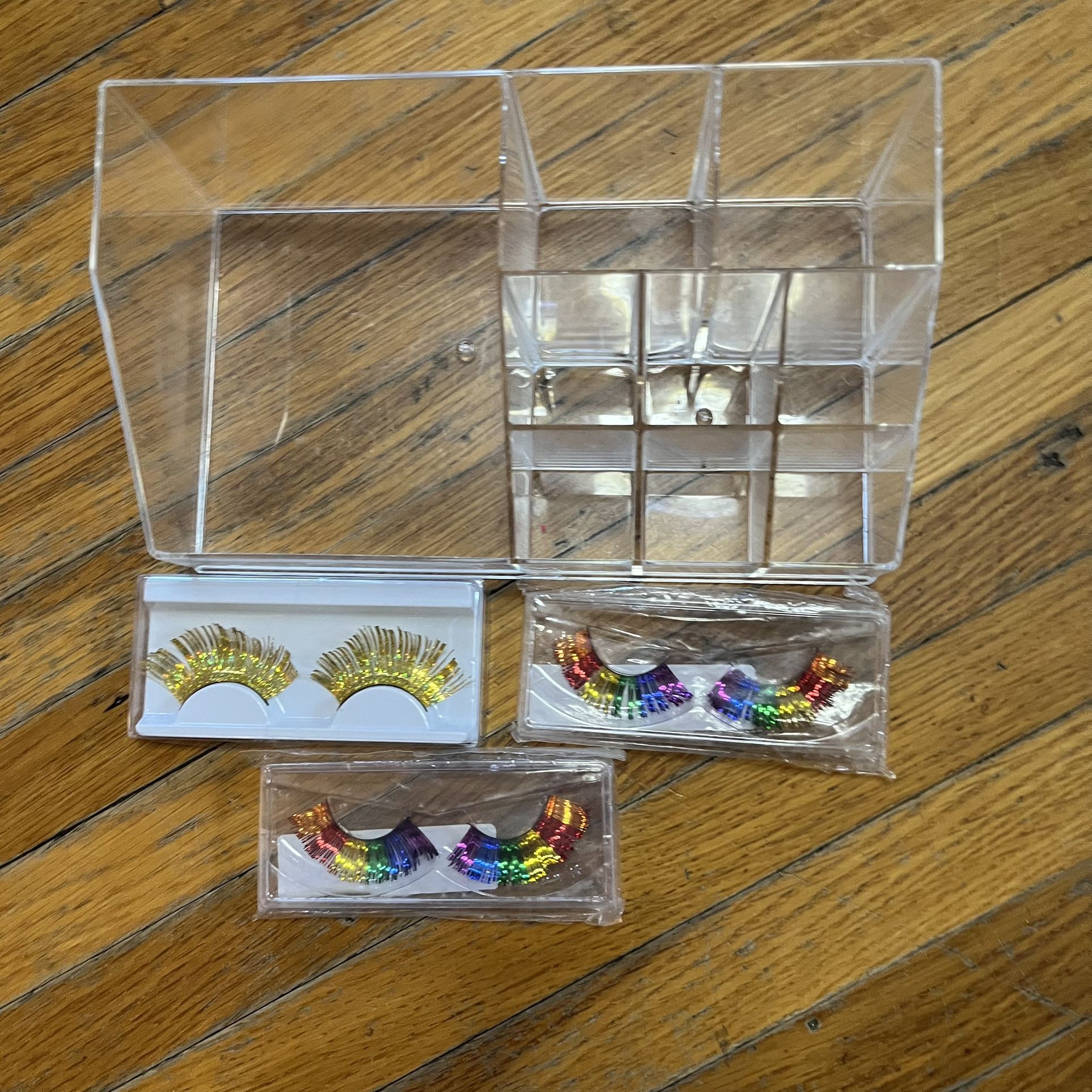 Rainbow & Gold False Eyelashes + Acrylic Organizer Bundle