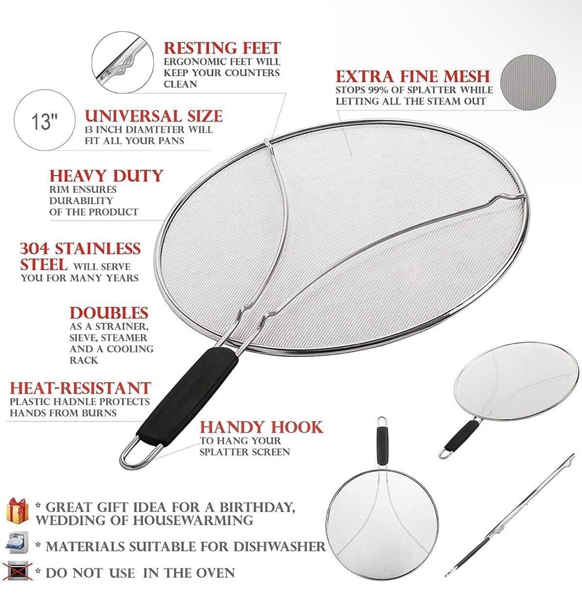 BergKoch Splatter Screen for Frying Pan – Stainless Steel Grease Guard for 9.5 inch Pan to Stop Hot Oil Splatter - Kitchen Tools & Accessories