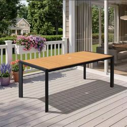 71.4 in. Aluminum Brown Rectangular Outdoor Patio Dining Table with Umbrella Hole