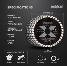 4-1/2" Diamond Blade for Masonry,Concrete,Stone, Dry Cutting,5pc 5X Lifespan, HRC 80(Less Edge Chipping), for Tile Saw and Angle Grinder, Masonry tool