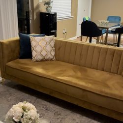 Velvet Mustard Couch 90” 