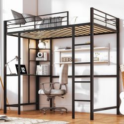 Twin Loft Bed with Desk, Metal Bunk Bed, Black