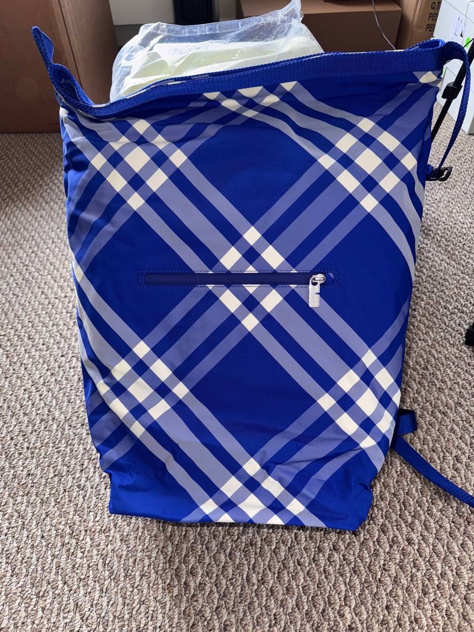 Burberry Authentic New Blue/White Check Nylon Knight Roll Backpack Bag