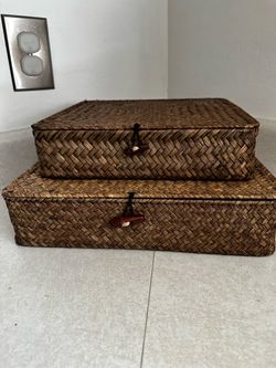 Woven Wicker Storage Boxes with Lids – Set of 2