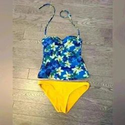 3 Piece Blue &amp;  Yellow Swimsuit with Blue Cover up-Small top|Medium bottoms 