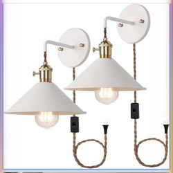2 New White Plug In Wall Sconces