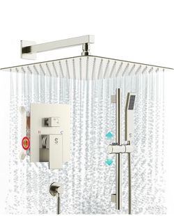 SR SUN RISE 16 Inch Square Shower System, Rain Shower Head and Slide Bar Handheld Shower Faucet Wall