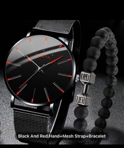 2pcs Men's Casual Graduated Mesh Strap Quartz Watch And Bracelet Set