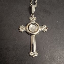 Cross Silvertone ✝️  Pendant Necklace With Center Crystal On 18" Toggle Clasp Chain Made By BAC B.A.Ballou Co
