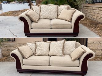 Couch and Loveseat elegant beige with Wood Trim & Decorative Pillows