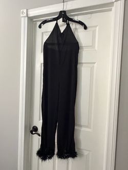 Black Halter Jumpsuit with Feather Hem Child 10-12