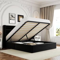 Queen Size Lift Up Hydraulic Storage Bed Frame Black Modern Wingback Headboard, Hydraulic Support Storage, No Box Spring Needed