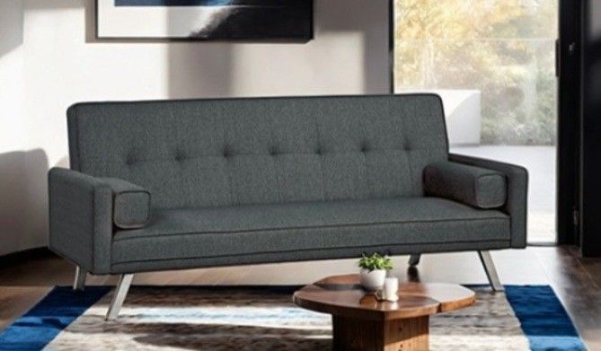 Brand New Grey Futon Sofa Sleeper (Pillows Included)
