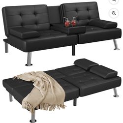 Faux Leather Upholstered Modern Convertible Futon, Adjustable Folding Sofa Bed, Guest Bed w/Removable Armrests - Black