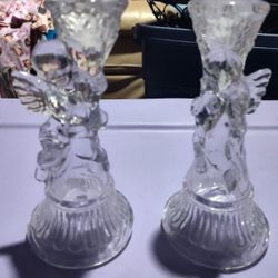 Pair Of Vintage Glass Cherub Candle Holders