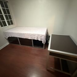 Single Metal Bed Frame With 4 Bottom Drawers, 2 Desk 