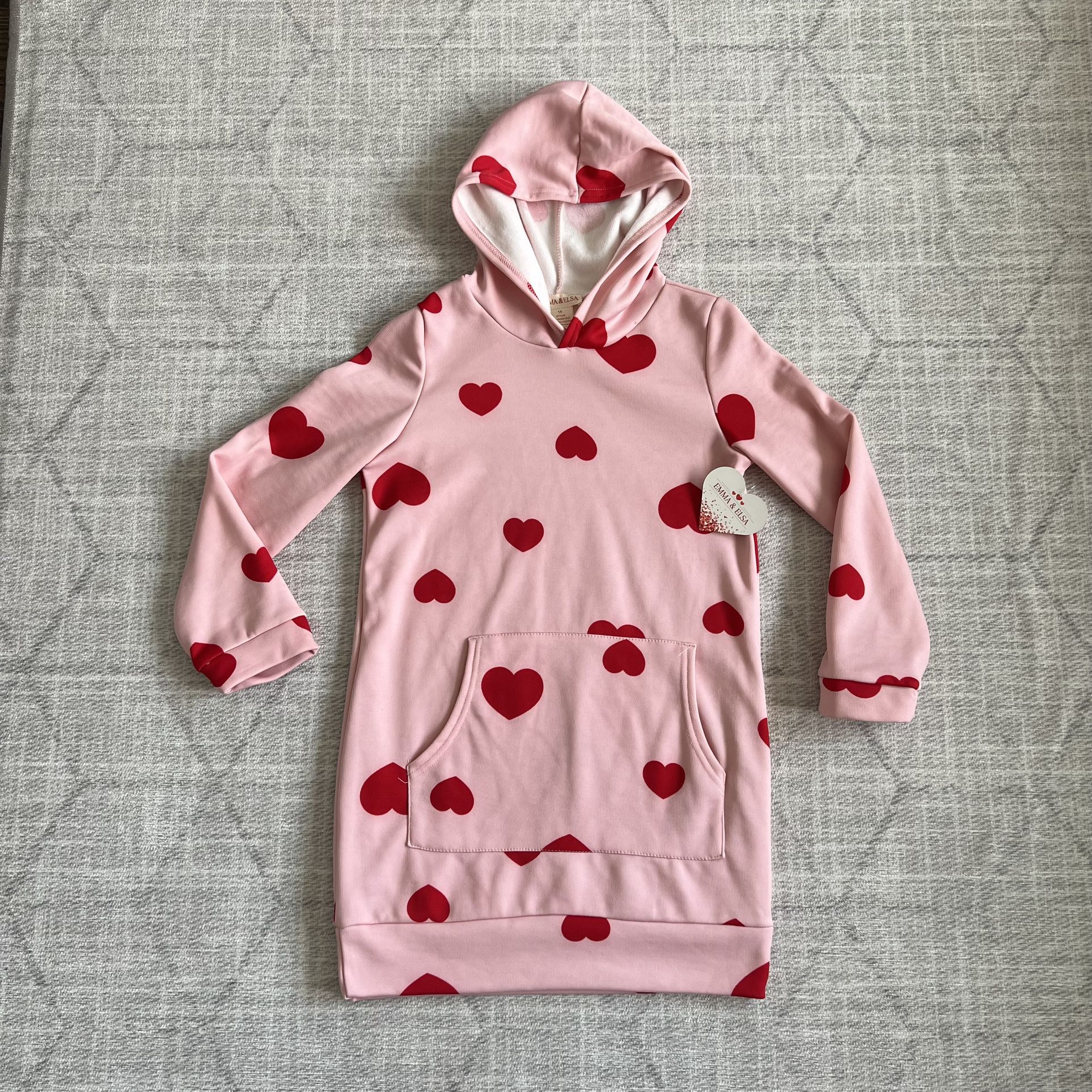 Emma & Elsa Girl’s Youth Red Hearts Pink Oversized Pajamas Hoodie Pullover