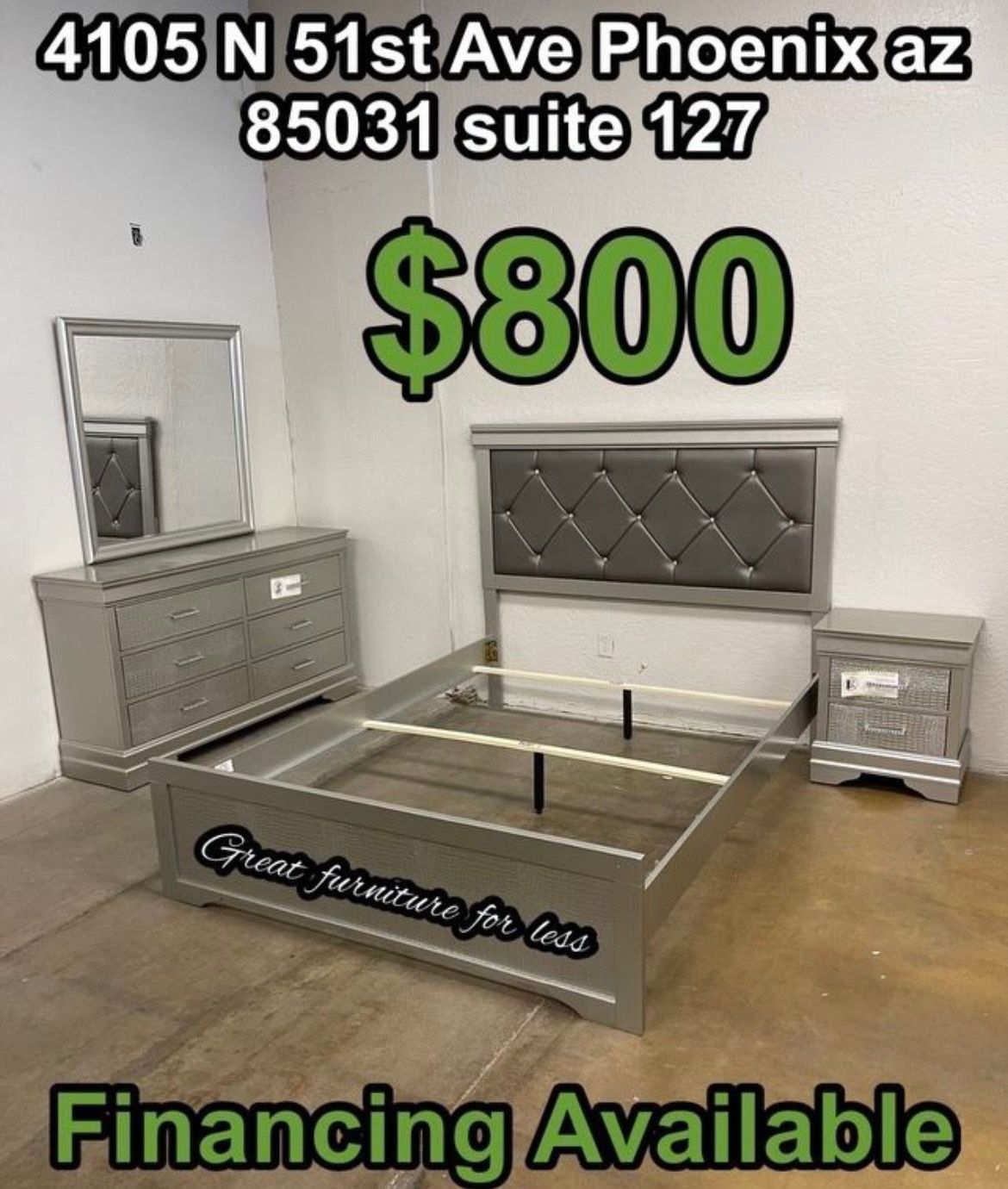 Queen Size 4 PCs Bedroom Set Include Bed Frame Dresser Mirror And Nigstand Brand New