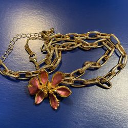 Gold Plated Real Flower Pendant And Paper Clip Chain