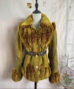 Apple green vintage sheepskin jacket, fur trim & belted waist