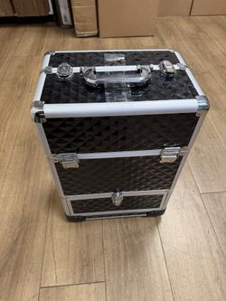 Rolling Makeup Case Cosmetic Travel Trolley Storage Sliding Drawer 4 Tray Makeup Travel Case with Wheels Salon Barber Case Traveling Cart Trunk for Co