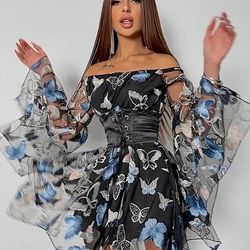 Asymmetric Mesh Embroidered Dress with Satin Lace-Up Corset