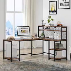 Lantz 66.92 in. L-Shaped Rustic Brown Wood and Metal Computer Desk with 5 Storage Shelves 2 Tier Bookshelf